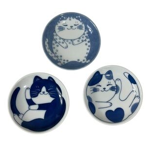 Blue Cat Ceramic Small Plates Set of 3 Japan Microwave Dishwasher Safe 4” each